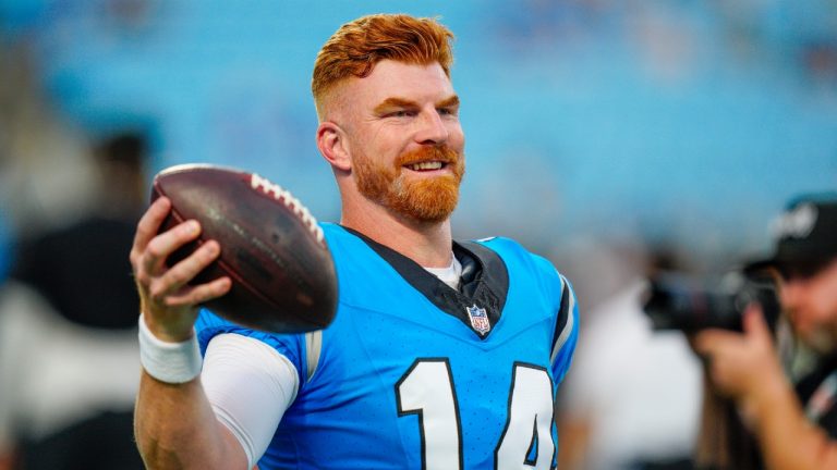 Carolina Panthers quarterback Andy Dalton warms up before a preseason NFL football game against the Detroit Lions Friday, Aug. 25, 2023, in Charlotte, N.C. (Jacob Kupferman/AP)