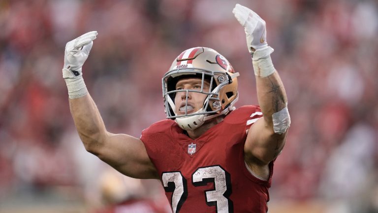 San Francisco 49ers running back Christian McCaffrey (23) celebrates after scoring against the New York Giants during the first half of an NFL football game in Santa Clara, Calif., Thursday, Sept. 21, 2023. (Godofredo A. Vásquez/AP)