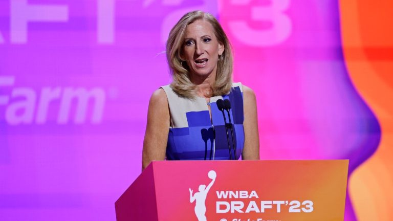 Commissioner Cathy Engelbert speaks at the WNBA basketball draft Monday, April 10, 2023, in New York. (Adam Hunger/AP)