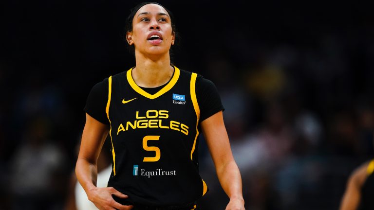 Los Angeles Sparks forward Dearica Hamby (5) reacts against the Las Vegas Aces during the first half of a WNBA basketball game, Wednesday, July 12, 2023, in Los Angeles. (Ryan Sun/AP)