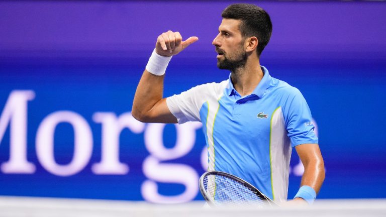 Novak Djokovic, of Serbia, reacts to the crowd after defeating Ben Shelton, of the United States, during the men's singles semifinals of the U.S. Open tennis championships, Friday, Sept. 8, 2023, in New York. (Manu Fernandez/AP)