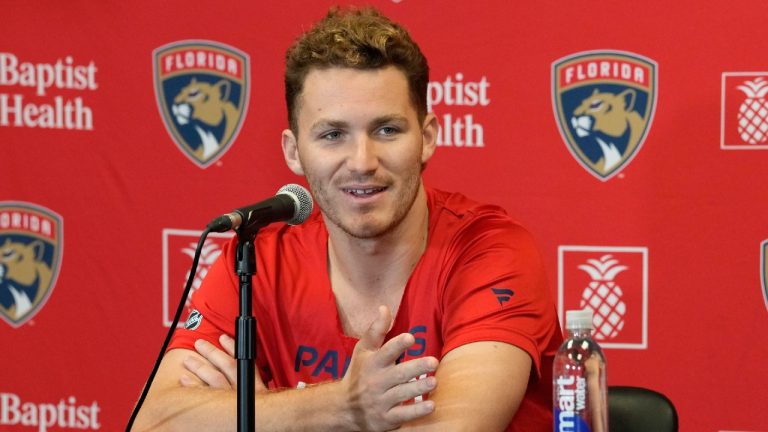 Florida Panthers' Matthew Tkachuk speaks during the NHL hockey team's media day, Wednesday, Sept. 20, 2023, in Sunrise, Fla. (Marta Lavandier/AP)