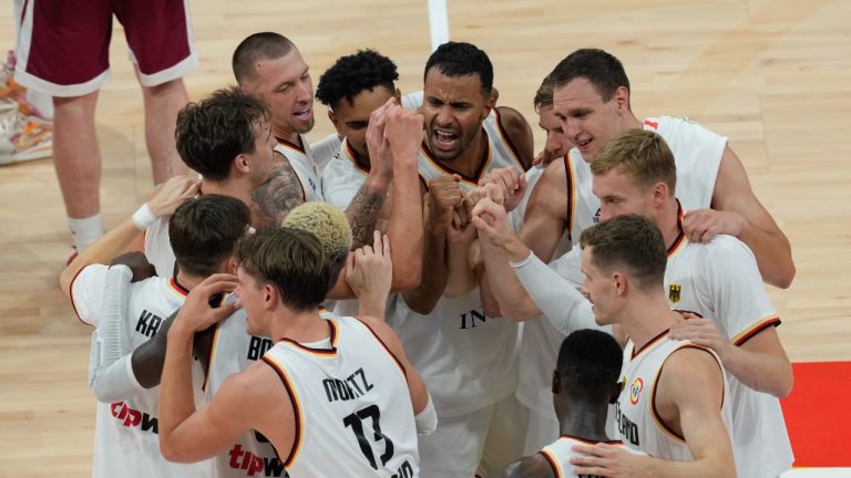 Germany celebrates after defeating Latvia in their Basketball World Cup quarterfinal in Manila, Philippines, Wednesday, Sept. 6, 2023. (Aaron Favila/AP Photo)