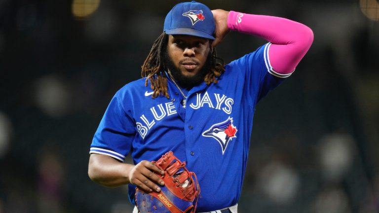 Toronto Blue Jays first baseman Vladimir Guerrero Jr. (27) in the ninth inning of a baseball game Friday, Sept. 1, 2023, in Denver. (David Zalubowski/AP)