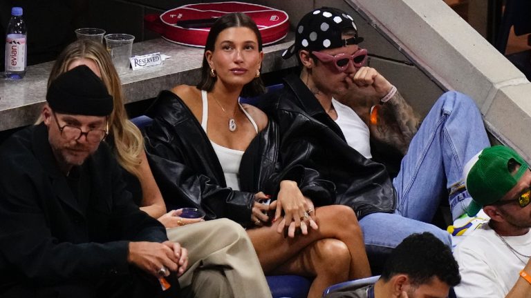 Justin Bieber, alongside his wife Hailey Bieber, watch the third round of the U.S. Open tennis championships, Friday, Sept. 1, 2023, in New York. (Frank Franklin II/AP)