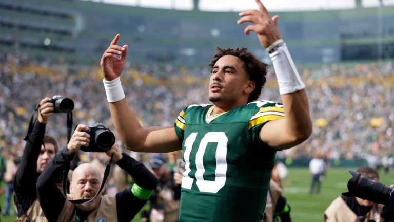 Green Bay Packers quarterback Jordan Love celebrates after an NFL football game against the New Orleans Saints Sunday, Sept. 24, 2023, in Green Bay, Wis. The Packers won 18-17. (Matt Ludtke/AP Photo)