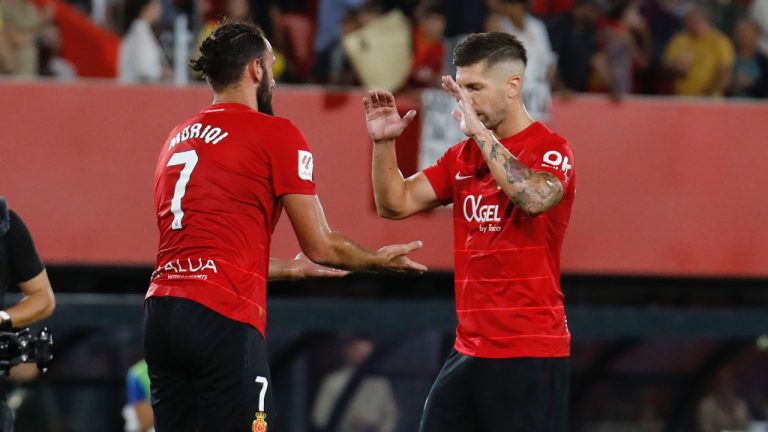 Mallorca's players react at the end of the Spanish La Liga soccer match between Mallorca and Barcelona at the Son Moix stadium in Palma de Mallorca, Spain, Tuesday, Sept. 26, 2023. (Francisco Ubilla/AP)