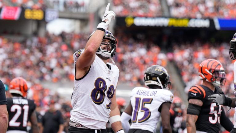 Baltimore Ravens tight end Mark Andrews celebrates after scoring during the second half of an NFL football game against the Cincinnati Bengals Sunday, Sept. 17, 2023, in Cincinnati. (Jeff Dean/AP)