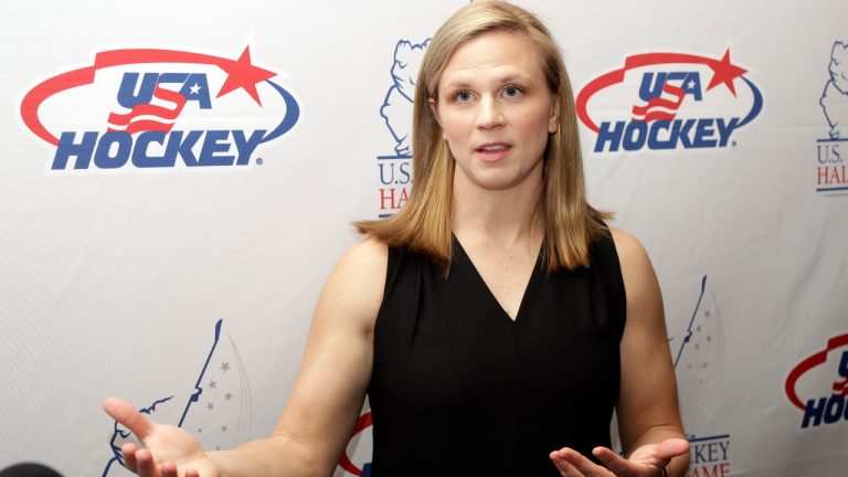 Three-time Olympic medalist Natalie Darwitz answers questions before being inducted into the U.S. Hockey Hall of Fame, Wednesday, Dec. 12, 2018, in Nashville, Tenn. (Mark Humphrey/AP)