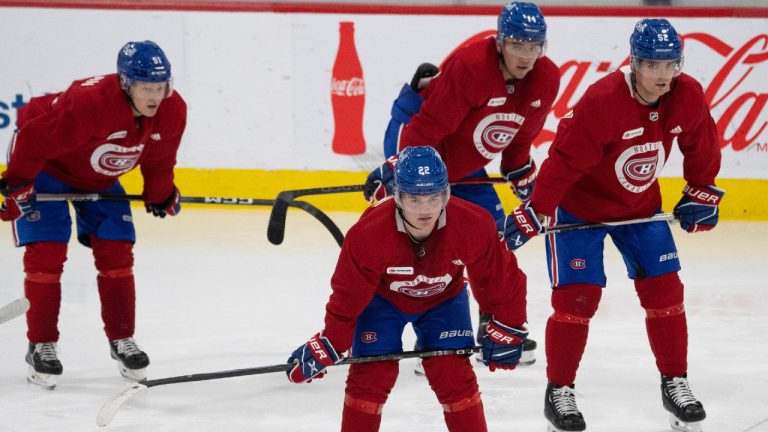 Montreal Canadiens (left to right) Emil Heineman (51), Cole Caufield (22), Nick Suzuki (14) and Justin Barron (52) take part in the first day of training camp Thursday, September 21, 2023 in Brossard, Que. (Ryan Remiorz/CP)