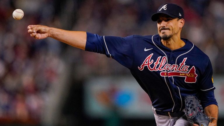 Atlanta Braves starting pitcher Charlie Morton throws during the first inning of a baseball game against the Washington Nationals at Nationals Park, Friday, Sept. 22, 2023, in Washington. (Andrew Harnik/AP Photo)