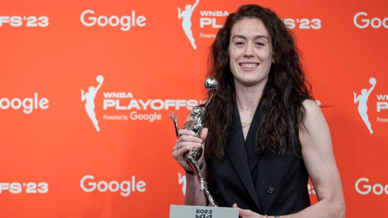 New York Liberty forward Breanna Stewart holds her WNBA MVP trophy during a news conference, Tuesday, Sept. 26, 2023, at Madison Square Garden in New York. (Mary Altaffer/AP)