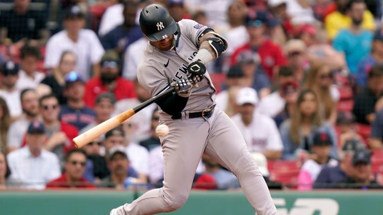 New York Yankees' Gleyber Torres hits a two-run single in the sixth inning in the first baseball game of a doubleheader against the Boston Red Sox, Tuesday, Sept. 12, 2023, in Boston. (Steven Senne/AP)