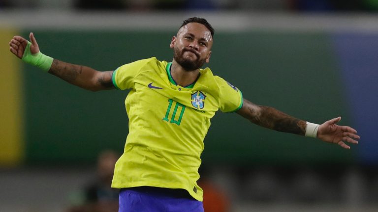 Brazil's Neymar celebrates scoring his side's 4th goal against Bolivia during a qualifying soccer match for the FIFA World Cup 2026 at Mangueirao stadium in Belem, Brazil, Friday, Sept. 8, 2023. (Bruna Prado/AP)