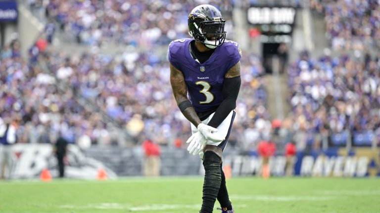 Baltimore Ravens wide receiver Odell Beckham Jr. (3) gets in position during the second half of an NFL football game against the Houston Texans, Sunday, Sept. 10, 2023, in Baltimore. (Terrance Williams/AP)