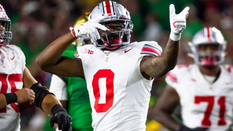 Ohio State wide receiver Xavier Johnson celebrates a first down during the second half of the team's NCAA college football game against Notre Dame on Saturday, Sept. 23, 2023, in South Bend, Ind. (Michael Caterina/AP)