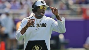 Colorado head coach Deion Sanders yells from the sidelines during the first half of an NCAA college football game against TCU Saturday, Sept. 2, 2023, in Fort Worth, Texas. (LM Otero/AP)