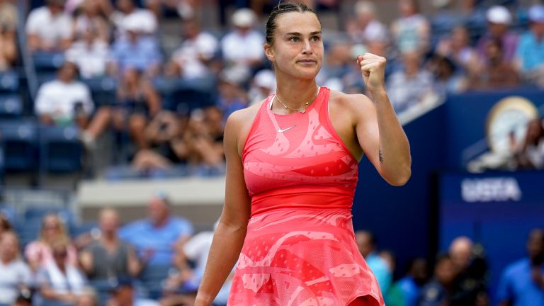 Aryna Sabalenka, of Belarus, reacts after defeating Zheng Qinwen, of China, during the quarterfinals of the U.S. Open tennis championships, Wednesday, Sept. 6, 2023, in New York. (Seth Wenig/AP)