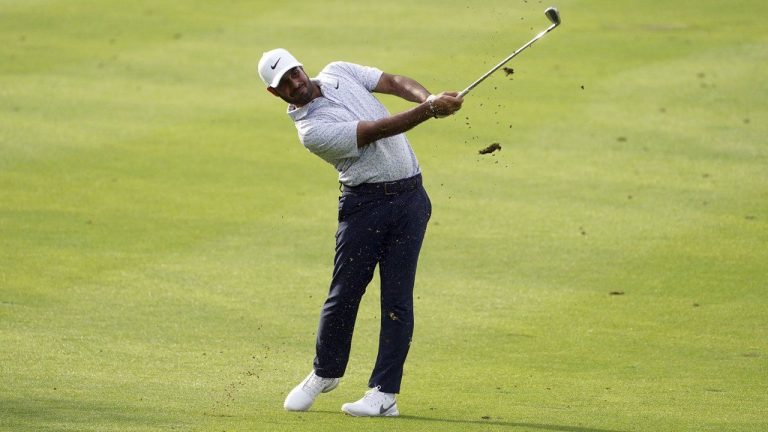 Shubhankar Sharma plays on the 6th fairway during day one of the 2023 Horizon Irish Open, at The K Club, County Kildare, Ireland, Thursday Sept. 7, 2023. (Brian Lawless/PA via AP)