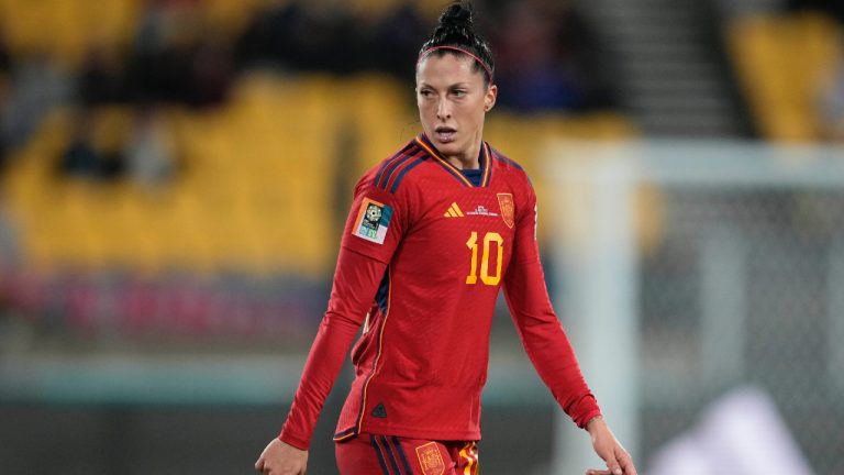 Spain's Jennifer Hermoso reacts after missing a scoring chance during the Women's World Cup Group C soccer match between Japan and Spain in Wellington, New Zealand, Monday, July 31, 2023. (John Cowpland/AP)