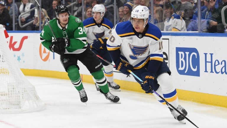 St. Louis Blues' Brayden Schenn advances the puck during the first period of an NHL hockey game, Monday, Nov. 28, 2022, in St. Louis. (Michael Thomas/AP)