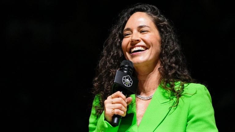 Former Seattle Storm player Sue Bird speaks during her jersey retirement ceremony following a WNBA basketball game between the Seattle Storm and the Washington Mystics, Sunday, June 11, 2023, in Seattle. (Lindsey Wasson/AP)