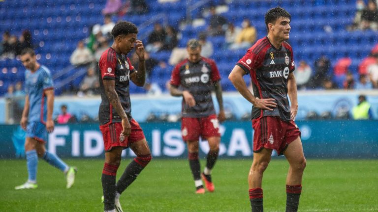 Toronto FC Alonso Coello reacts next to teammates during an MLS soccer match against New York City FC at Red Bull Arena, Sunday, Sept. 24, 2023, in Harrison, N.J. (Andres Kudacki/AP Photo)