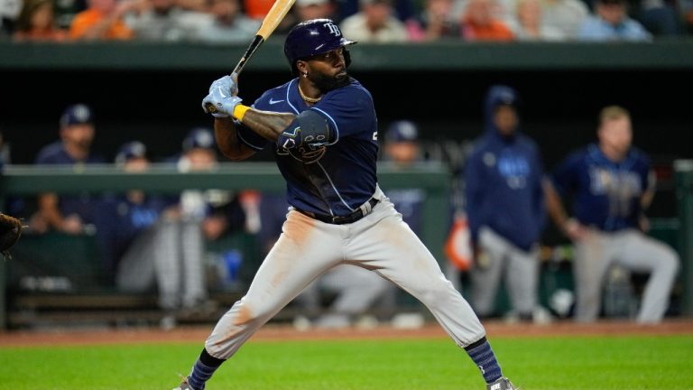 Tampa Bay Rays' Randy Arozarena waits for a pitch in the eighth inning of a baseball game between the Baltimore Orioles and the Tampa Bay Rays, Thursday, Sept. 14, 2023, in Baltimore. (Julio Cortez/AP)