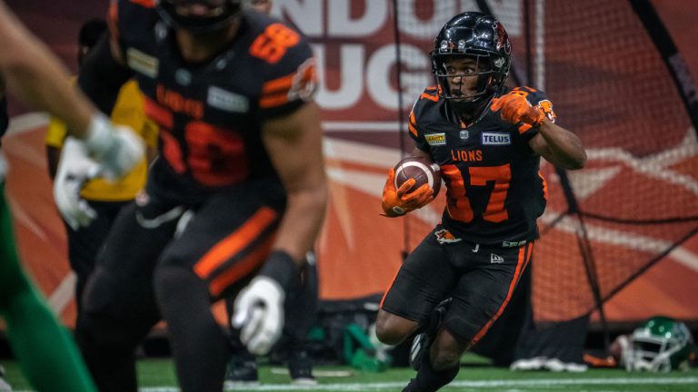 BC Lions wide receiver Terry Williams (87) runs with the ball during first half of CFL football action against the Saskatchewan Roughriders, in Vancouver, B.C., Friday, Sept. 29, 2023. (Ethan Cairns/CP)