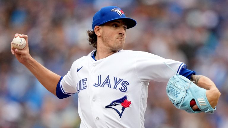 Toronto Blue Jays starting pitcher Kevin Gausman (34) works against the Kansas City Royals during first inning MLB baseball action in Toronto, Saturday, Sept. 9, 2023. (Nathan Denette/CP)