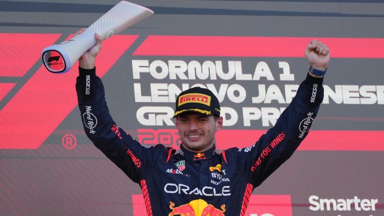 Red Bull driver Max Verstappen of the Netherlands celebrates on the podium after winning the Japanese Formula One Grand Prix at the Suzuka Circuit, Suzuka, central Japan, Sunday, Sept. 24, 2023. (Toru Hanai/AP)