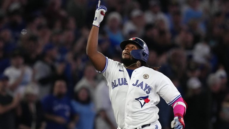 Toronto Blue Jays' Vladimir Guerrero Jr. celebrates his three-run home run against the Boston Red Sox during third inning American League MLB baseball action in Toronto on Friday, September 15, 2023. (Chris Young/CP)