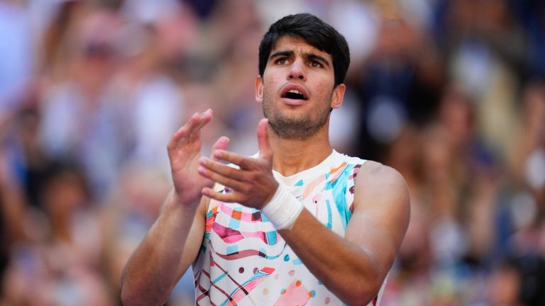 Carlos Alcaraz, of Spain, reacts to the crowd after defeating Daniel Evans, of the United Kingdom, during the third round of the U.S. Open tennis championships, Saturday, Sept. 2, 2023, in New York. (Manu Fernandez/AP Photo)