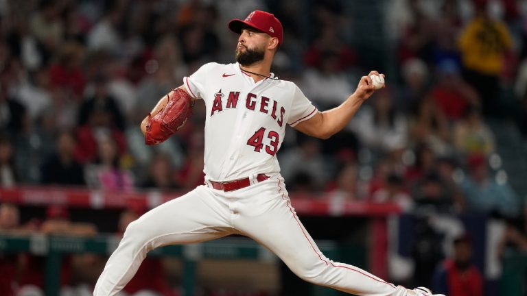 Los Angeles Angels starting pitcher Patrick Sandoval throws to the plate during the third inning of a baseball game against the Texas Rangers. (Ryan S. Sun/AP)