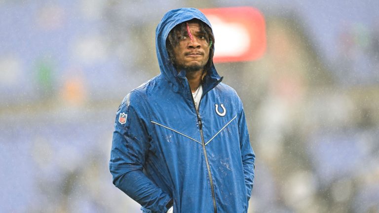 Indianapolis Colts quarterback Anthony Richardson looks on during pre-game warm-ups before an NFL football game against the Baltimore Ravens. (Terrance Williams/AP)