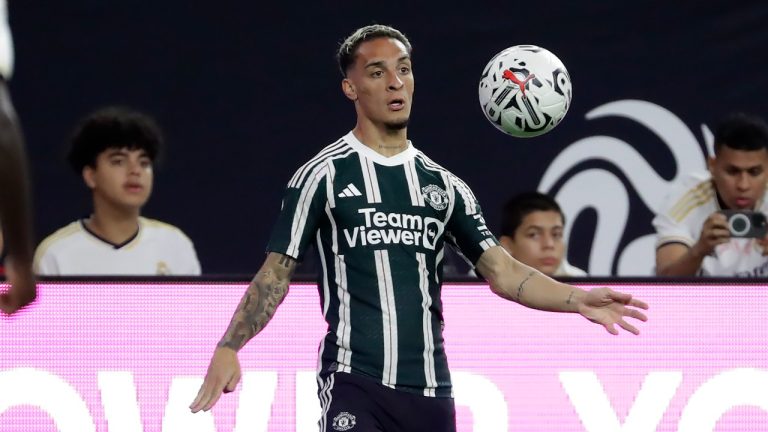 Manchester United forward Antony plays against Real Madrid during their Champions Tour friendly match Wednesday, July 26, 2023, in Houston. (Michael Wyke/AP)