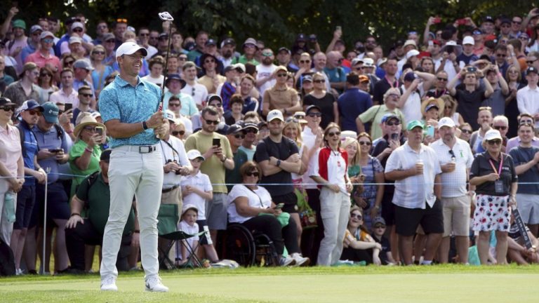 Rory McIlroy smiles, on the ninth green, during day three of the golf Irish Open at The K Club, County Kildare, Ireland, Saturday, Sept. 9, 2023. (Brian Lawless/PA via AP)