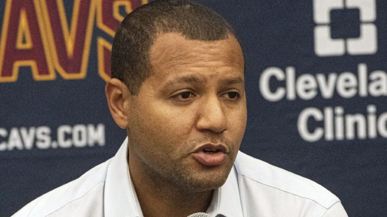 FILE- Cleveland Cavaliers' Koby Altman speaks with reporters during an NBA basketball news conference at the team's training facility in Independence, Ohio, Friday, July 30, 2021. (Phil Long/AP)