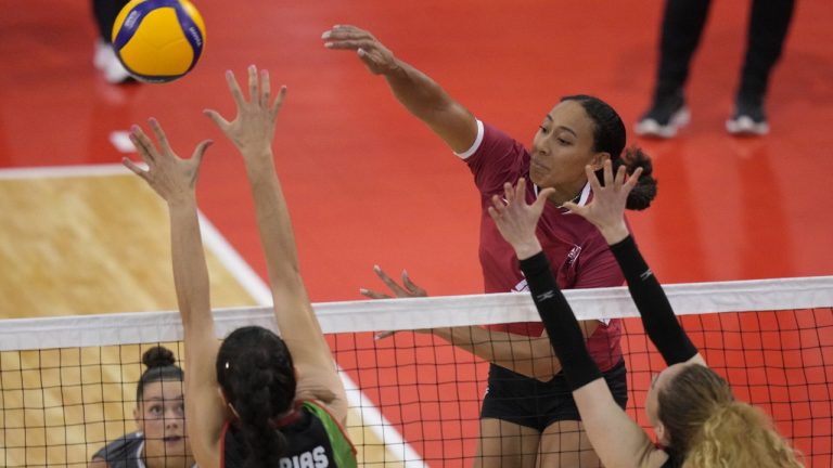 Canada's Alexa Gray hits against Mexico during NORCECA senior women's volleyball continental championship action in Laval, Que., in this Tuesday, August 29, 2023 handout photo. (Mathieu Belanger/NORCECA/CP) 