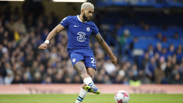 Chelsea's Reece James passes the ball during the English Premier League soccer match between Chelsea and Aston Villa at Stamford Bridge stadium in London, Saturday, April 1, 2023. (David Cliff/AP)