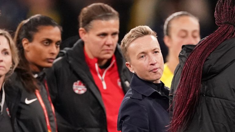 Canada coach Bev Priestman and Christine Sinclair react after losing the Group B soccer match 4-0 against Australia at the FIFA Women's World Cup in Melbourne, Australia, Monday, July 31, 2023. (Scott Barbour/CP)