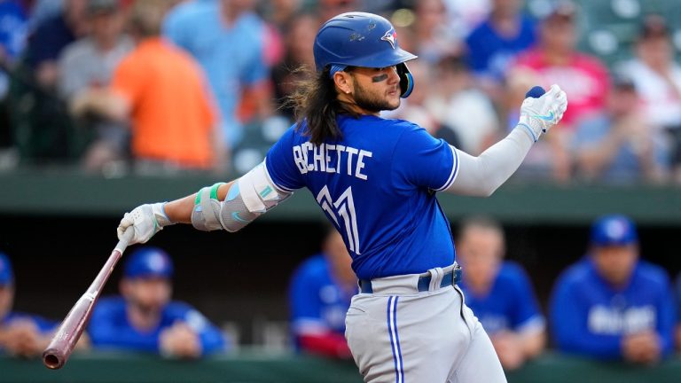 Toronto Blue Jays' Bo Bichette swings at a pitch from the Baltimore Orioles during the first inning of a baseball game, Wednesday, June 14, 2023, in Baltimore. (Julio Cortez/AP)