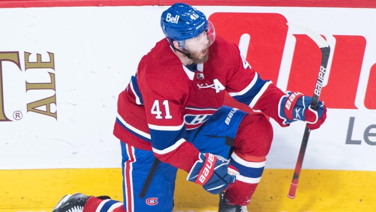 Montreal Canadiens' Paul Byron reacts after scoring against the Vegas Golden Knights during second period of game 4 of the NHL Stanley Cup semifinal in Montreal, Sunday, June 20, 2021. (Graham Hughes/CP)