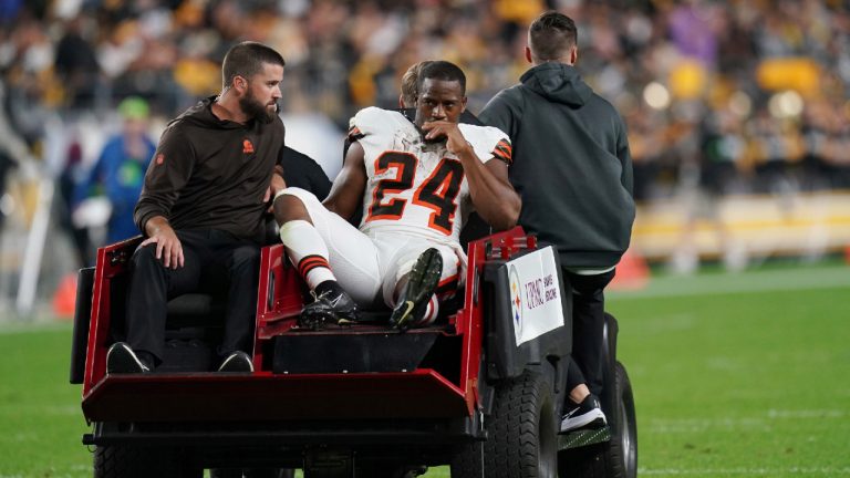 Cleveland Browns running back Nick Chubb is cared off the field with an injury during the first half of an NFL football game against the Pittsburgh Steelers Monday, Sept. 18, 2023, in Pittsburgh. (Matt Freed/AP)