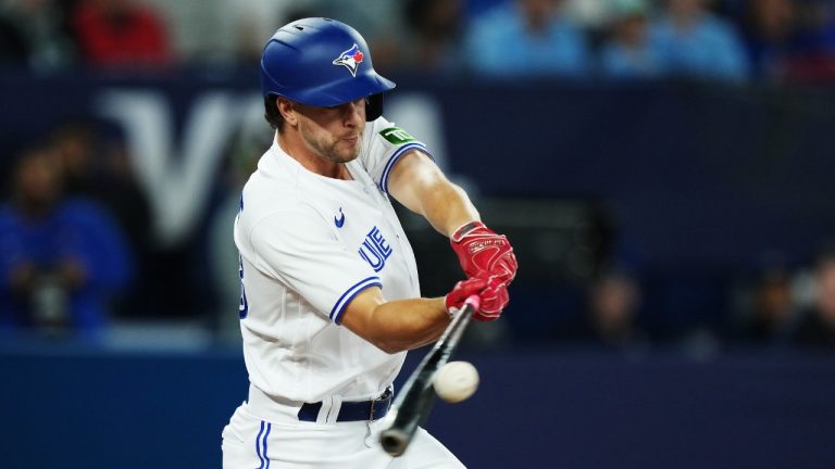 Toronto Blue Jays second baseman Ernie Clement (28) hits an RBI single against the Kansas City Royals during seventh inning American League MLB baseball action in Toronto on Friday, September 8, 2023. (CP)