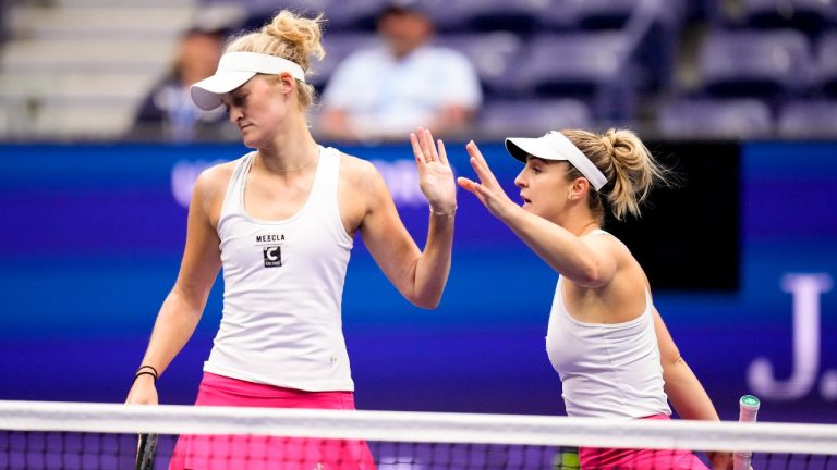 Ottawa's Gabriela Dabrowski and partner Erin Routliffe of New Zealand lost their women's doubles semifinal match at the Dubai Tennis Championships on Friday. (AP/Manu Fernandez)