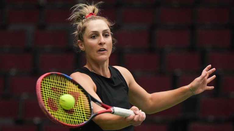 Canada's Gabriela Dabrowski during practise for the Billie Jean King Cup qualifiers against Belgium, in Vancouver, Tuesday, April 11, 2023. (CP)