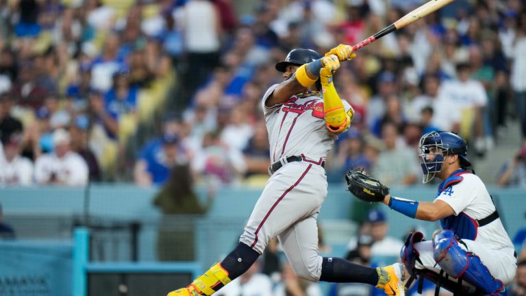 Atlanta Braves' Ronald Acuña Jr. follows through on a home run against the Los Angeles Dodgers during the third inning of a baseball game Saturday, Sept. 2, 2023, in Los Angeles. (Jae C. Hong/AP)