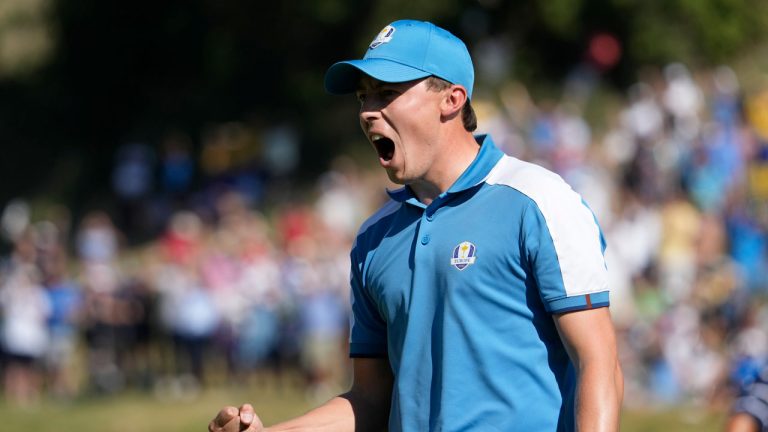 Europe's Matt Fitzpatrick celebrates on the 5th green during his afternoon Fourballs match at the Ryder Cup golf tournament at the Marco Simone Golf Club in Guidonia Montecelio, Italy. (Andrew Medichini/AP)