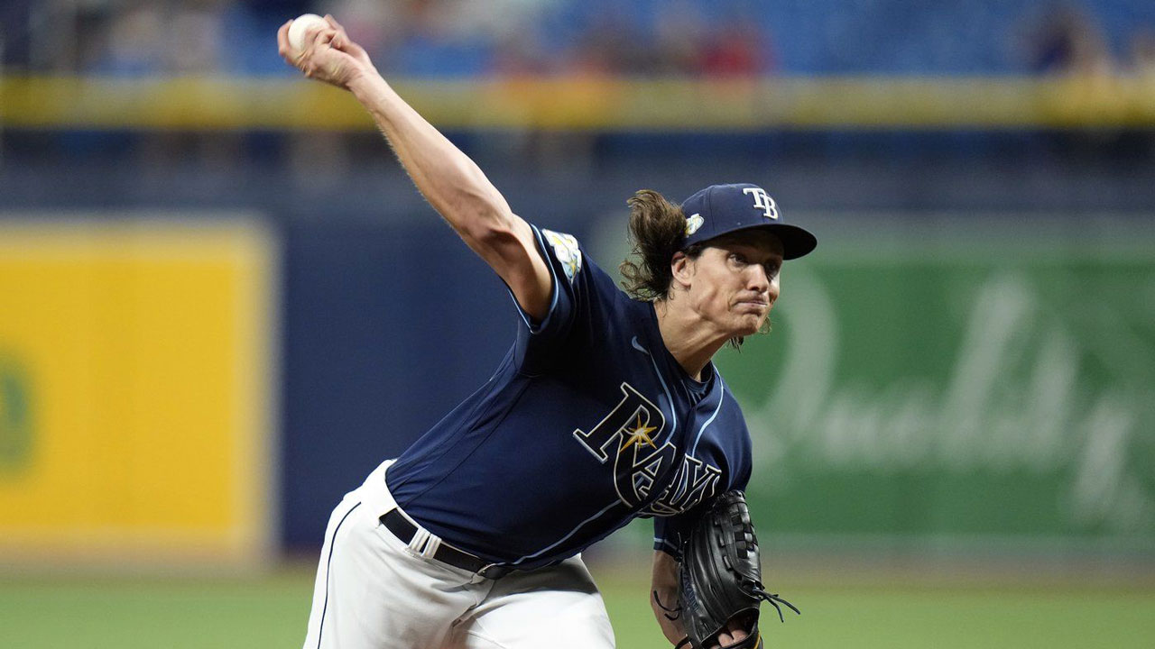 Tampa Bay Rays starting pitcher Tyler Glasnow looks on in the second inning  of a baseball game between the Baltimore Orioles and the Tampa Bay Rays,  Saturday, Sept. 16, 2023, in Baltimore.